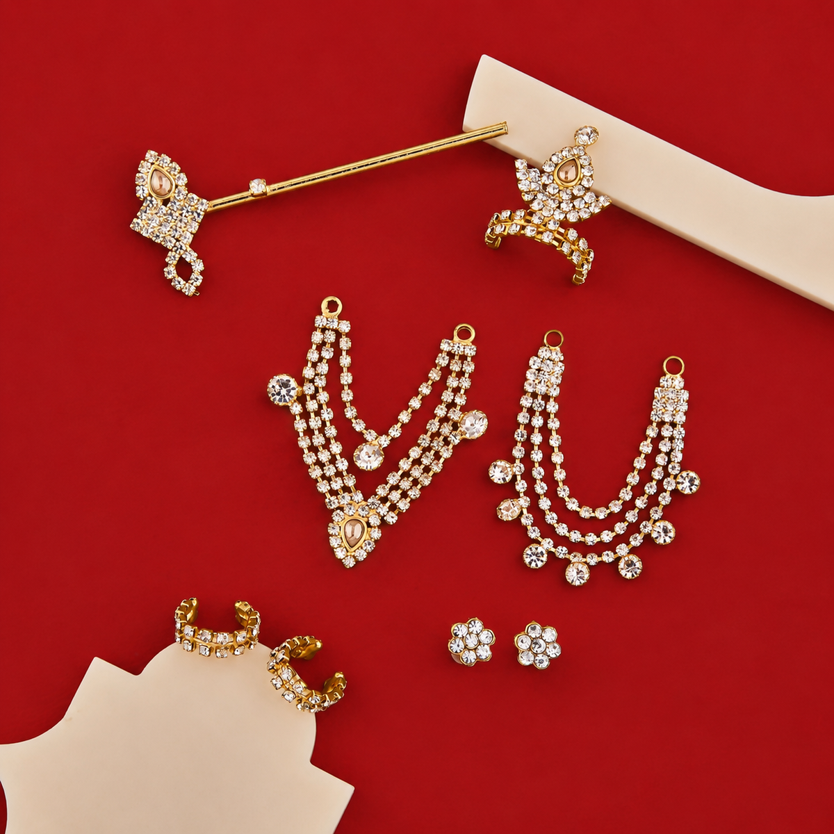 Premium Laddu Gopal Shringar Combo Set with Mukut, Morpankh, Triple Layer Kanthi, Designer Haar, Earrings & Tilak | Fits Size No. 1, 2, 3 & 4 | Bal Gopal Decoration Set