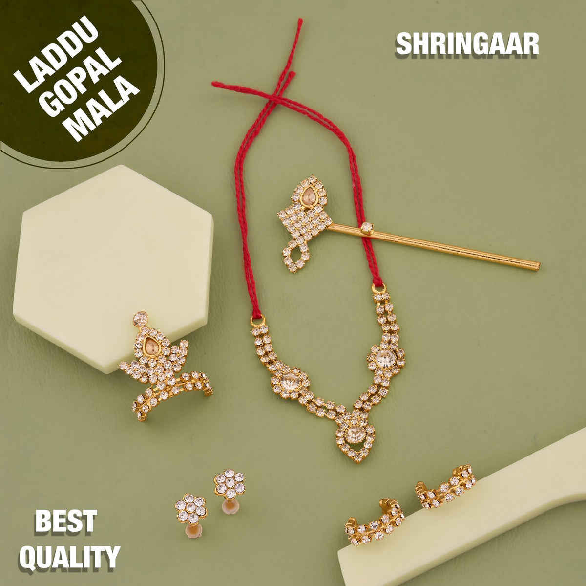 Laddu Gopal Shringar Combo Set for Laddu Gopal Size 1, 2, 3 & 4 | Designer Mukut, Stone Mala, Morpankh & Earrings | Premium Quality