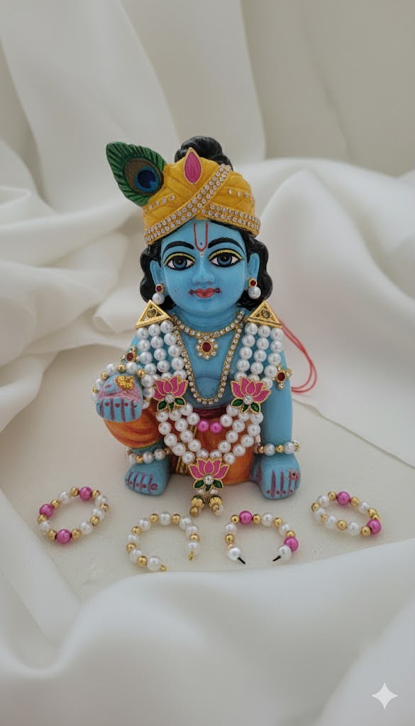 Premium Pearl Laddu Gopal Shringar Combo Set with Lotus Necklace, Earrings, Bangles & Kanthi | Bal Gopal Jewellery Set