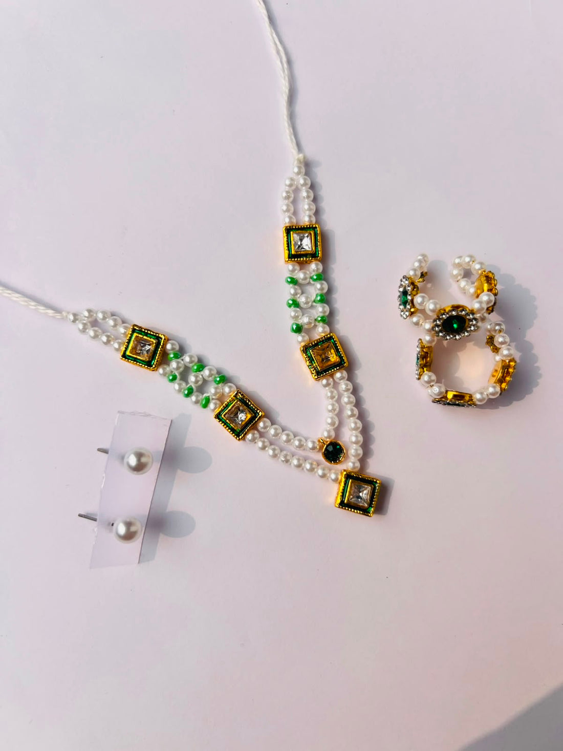 Premium 1 Stone Laddu Gopal Shringar Combo Set with Pearl Mala, Earrings & Kadas | Fits Size No. 3, 4, 5 & 6 | Green Stone Bal Gopal Jewellery