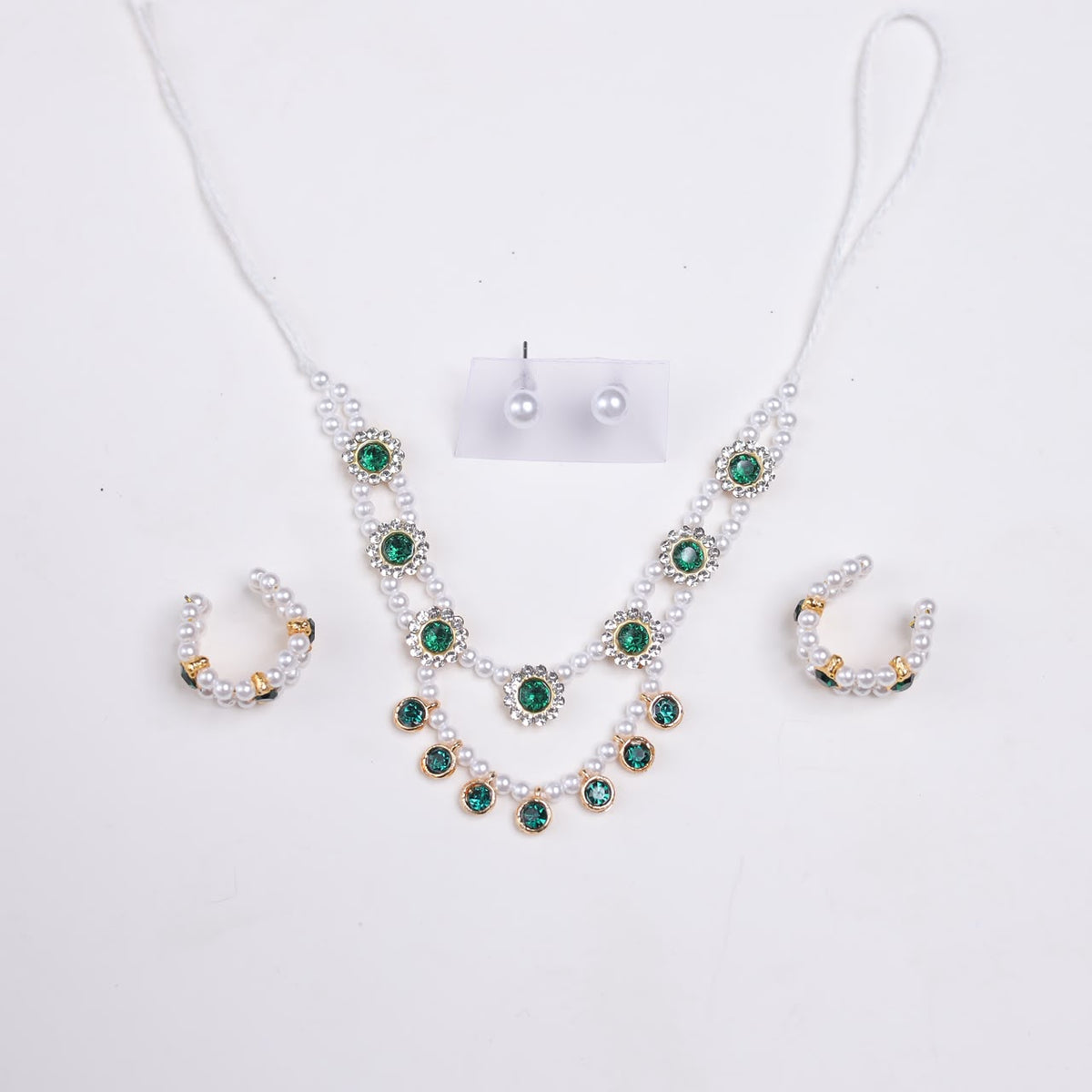 Premium Green Stone Laddu Gopal Shringar Combo Set with Pearl Mala, Earrings & Kadas | Fits Size No. 4, 5, 6 & 7 | Designer Krishna Jewellery