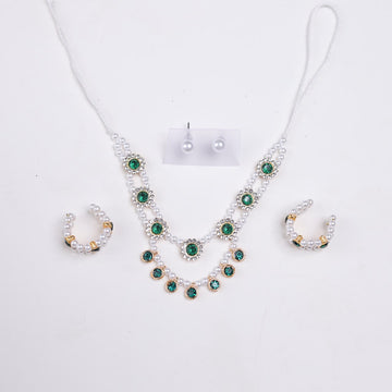 Premium Green Stone Laddu Gopal Shringar Combo Set with Pearl Mala, Earrings & Kadas | Fits Size No. 4, 5, 6 & 7 | Designer Krishna Jewellery