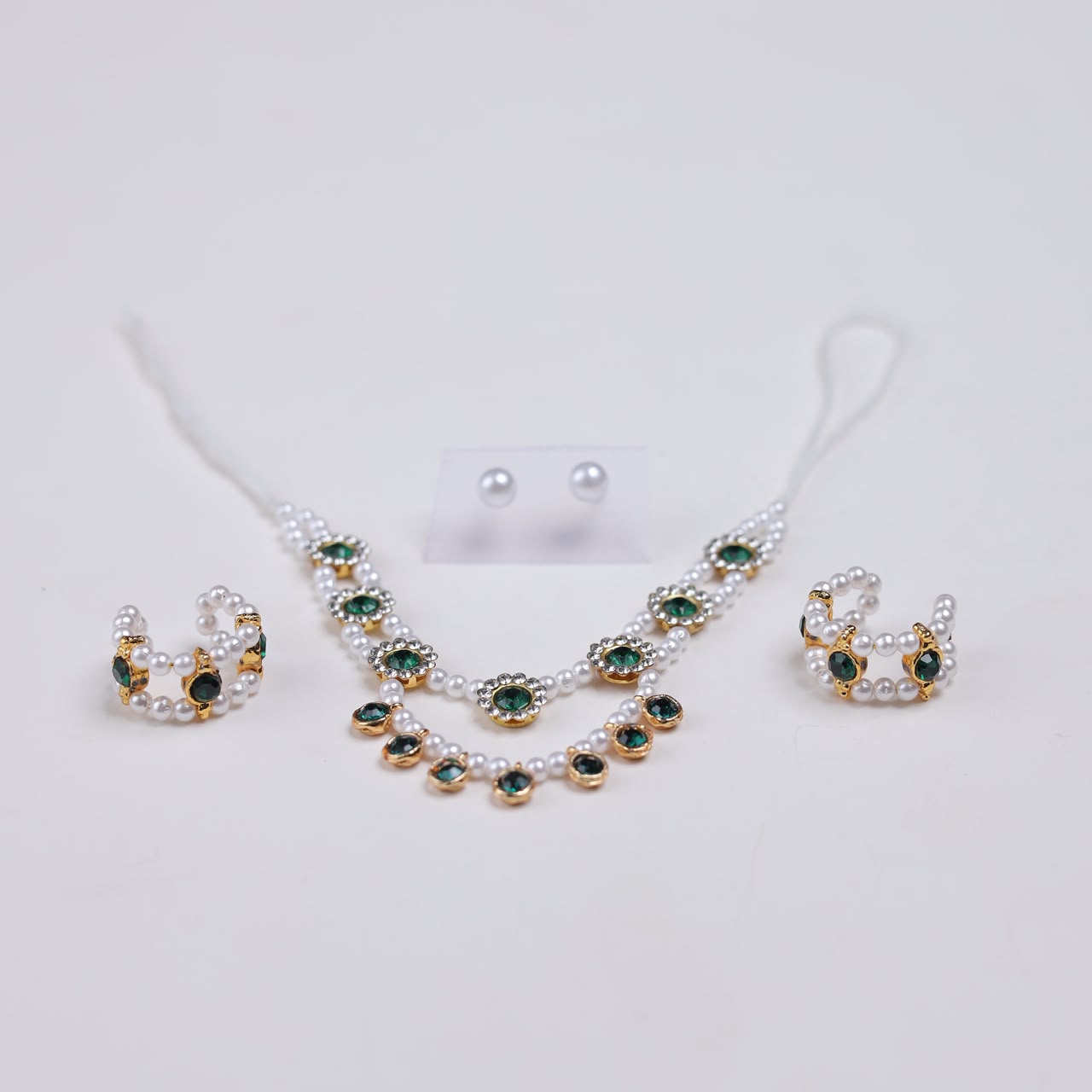 Premium Green Stone Laddu Gopal Shringar Combo Set with Pearl Mala, Earrings & Kadas | Fits Size No. 4, 5, 6 & 7 | Designer Krishna Jewellery