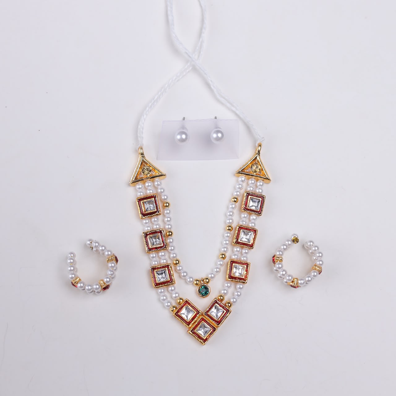 Premium Kundan Stone Laddu Gopal Shringar Combo Set with Pearl Mala, Earrings & Kadas | Fits Size No. 3, 4, 5, 6 & 7 | Designer Krishna Jewellery