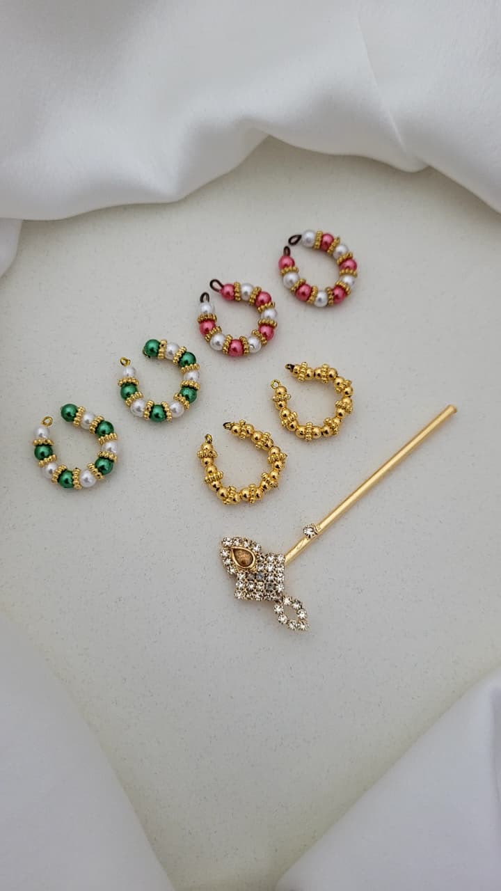 7 Pair Designer Laddu Gopal Kada Set with Golden Bansuri | Multicolor Pearl Kadas | Fits Size No. 1, 2, 3, 4 & 5 | Krishna Shringar Jewellery