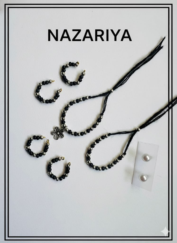 Laddu Gopal Nazariya Shringar Set with Pearl Earrings | Black Bead Evil Eye Protection Jewellery | Fits Size No. 0, 1 & 2