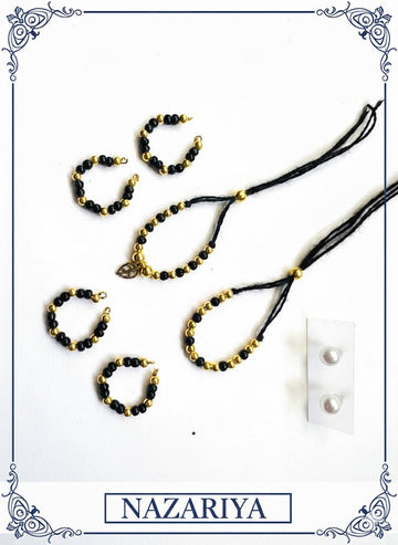 Laddu Gopal Gold Nazariya Shringar Set with Pearl Earrings | Black & Gold Bead Evil Eye Protection Jewellery | Fits Size No. 0, 1 & 2