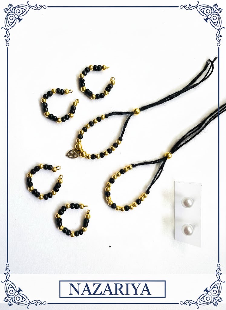 Laddu Gopal Gold Nazariya Shringar Set with Pearl Earrings | Black & Gold Bead Evil Eye Protection Jewellery | Fits Size No. 0, 1 & 2
