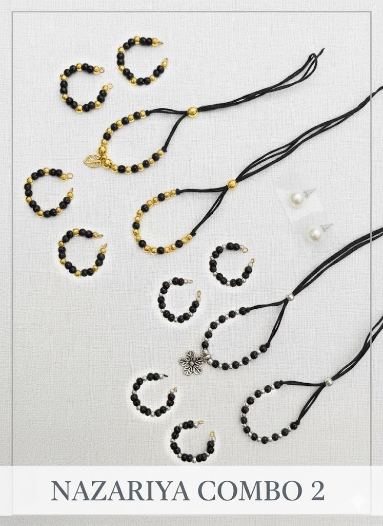 Laddu Gopal Nazariya Combo Set (Gold & Classic) with Pearl Earrings | Black Bead Evil Eye Protection Shringar | Fits Size No. 0, 1 & 2